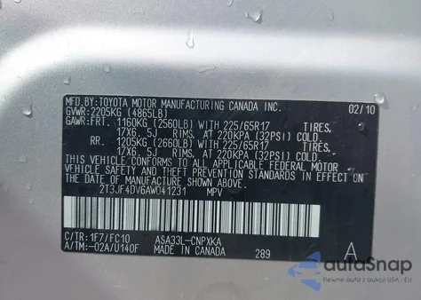 2010 Toyota Rav4 z USA, uszkodzony, nr VIN 2T3JF4DV6AW041231